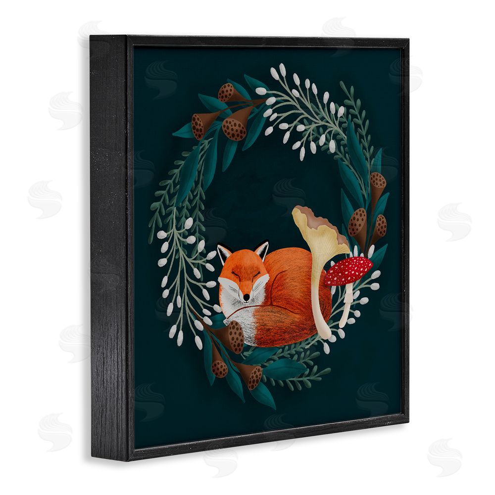 Metka Hiti Sleepy Fox in Botanical Wreath Black Framed Giclee Print Wall Art