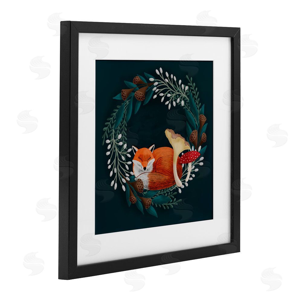 Metka Hiti Sleepy Fox in Botanical Wreath Black Framed Print Under Glass Wall Art