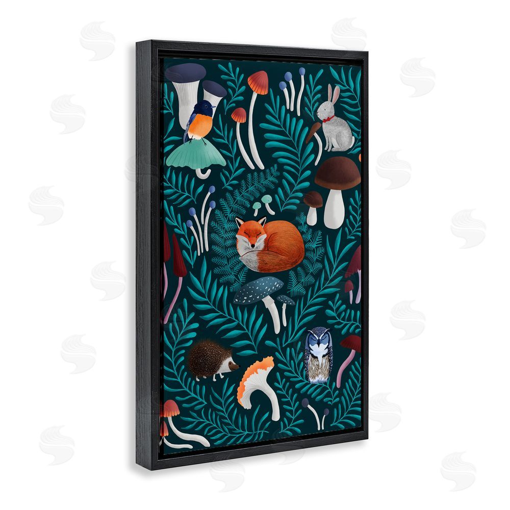 Metka Hiti Woodland Animals & Botanical Sprigs Black Floating Frame Canvas Wall Art Print
