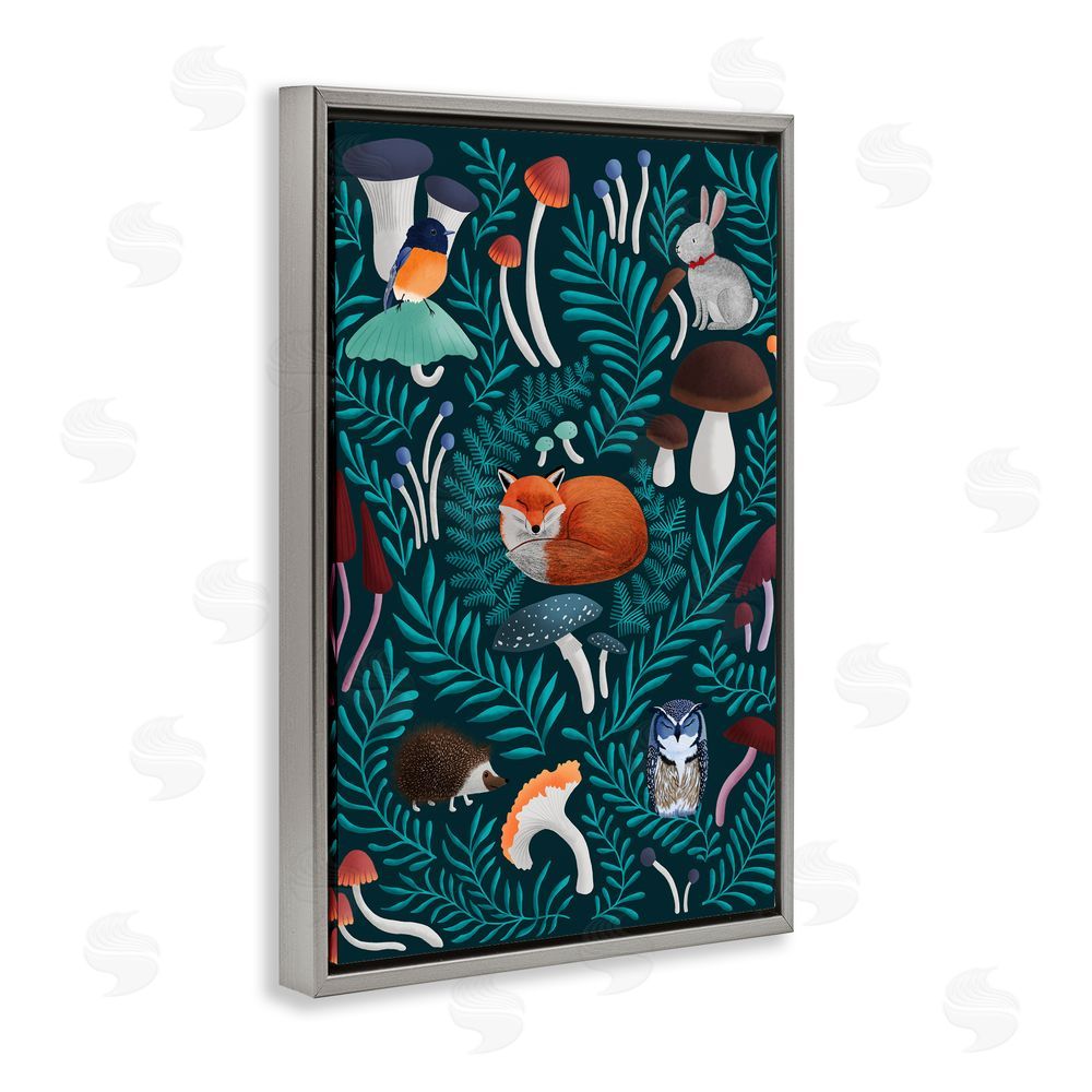Metka Hiti Woodland Animals & Botanical Sprigs Gray Floating Frame Canvas Wall Art Print