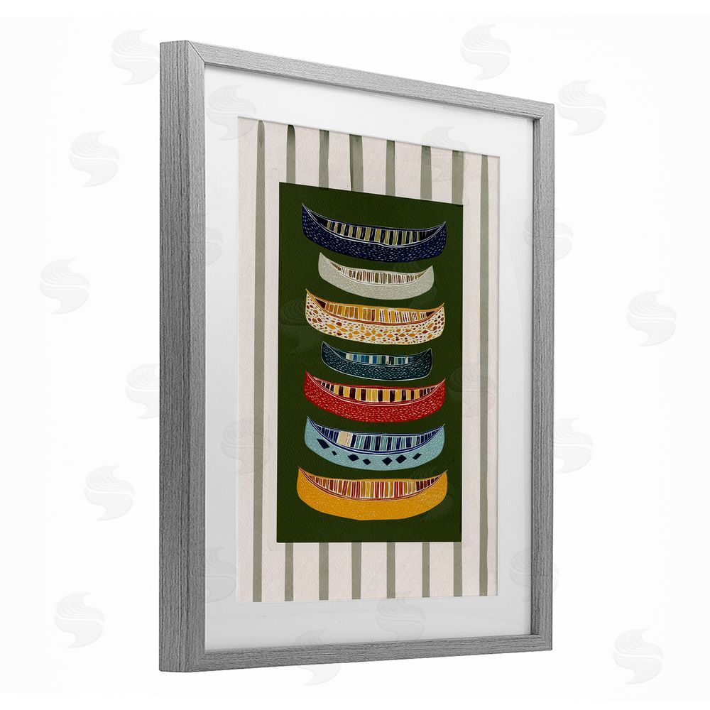Yen Patterned Canoes over Stripes Gray Framed Print Under Glass Wall Art