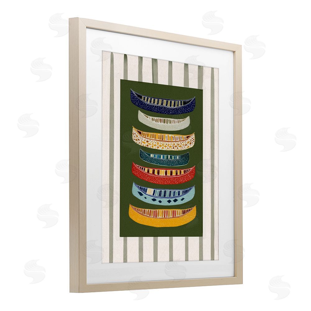 Yen Patterned Canoes over Stripes Brown Framed Print Under Glass Wall Art