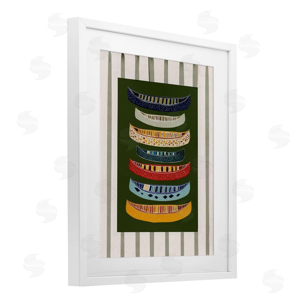 Yen Patterned Canoes over Stripes White Framed Print Under Glass Wall Art
