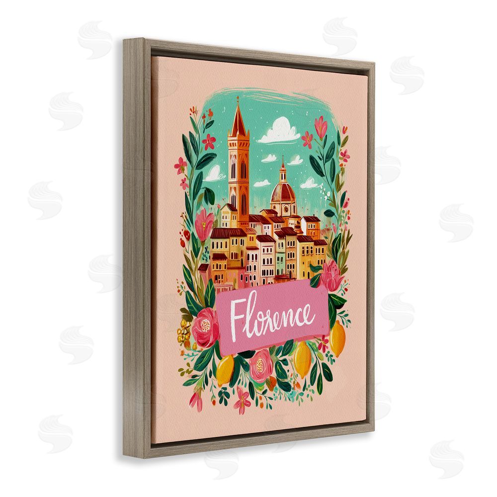 Yen Floral Bordered Florence Brown Floating Frame Canvas Wall Art Print