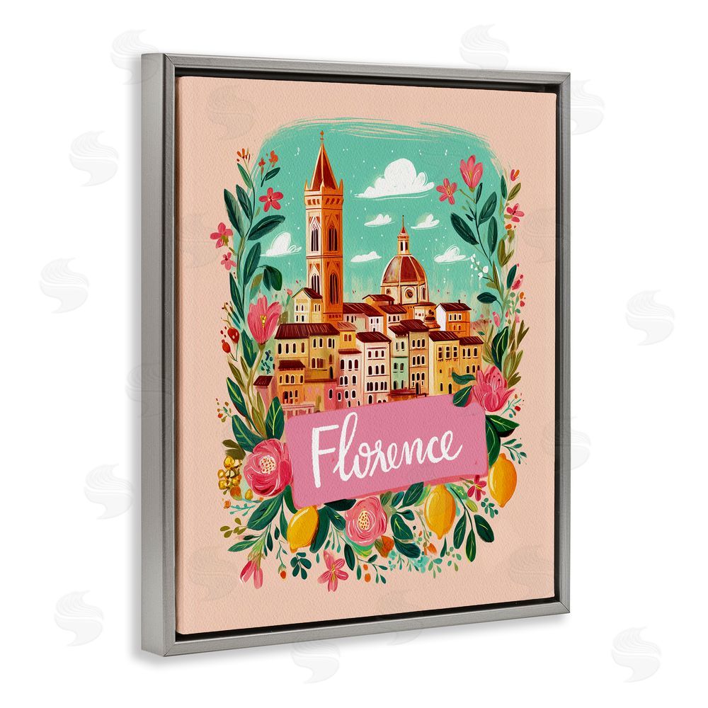 Yen Floral Bordered Florence Gray Floating Frame Canvas Wall Art Print