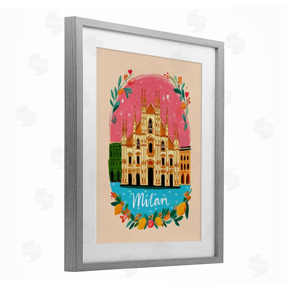 Yen Floral Bordered Milan Gray Framed Print Under Glass Wall Art