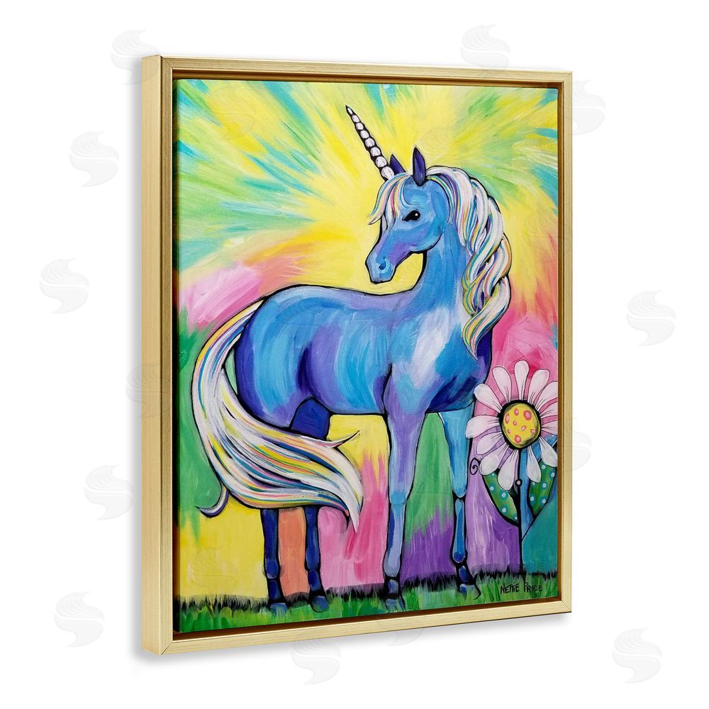 Nettie Price Magical Unicorn in Rainbow Meadow Gold Floating Framed Canvas Wall Art