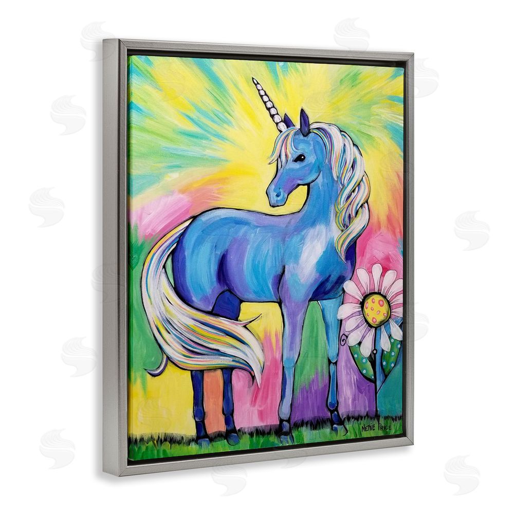 Nettie Price Magical Unicorn in Rainbow Meadow Gray Floating Framed Canvas Wall Art