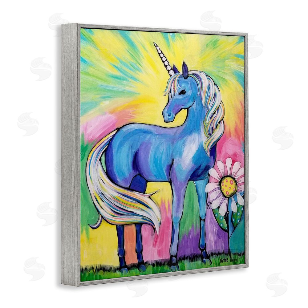 Nettie Price Magical Unicorn in Rainbow Meadow Gray Framed Giclee Wall Art