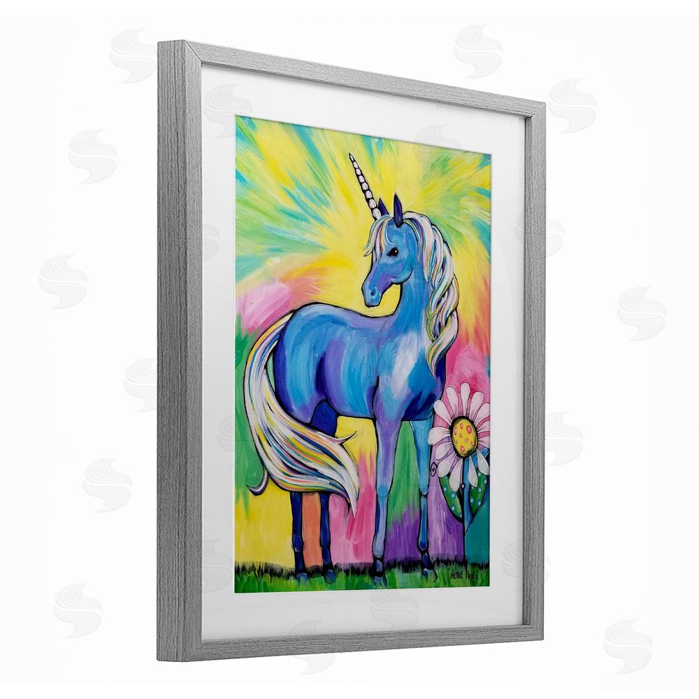 Nettie Price Magical Unicorn in Rainbow Meadow Gray Framed Print Under Glass Wall Art