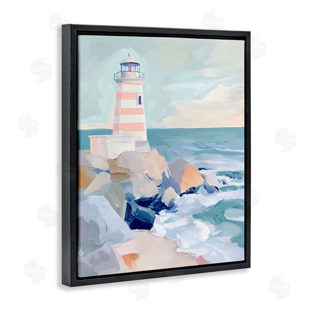 Creative Studio Coastal Lighthouse in Pastels Black Floating Frame Canvas Wall Art Print
