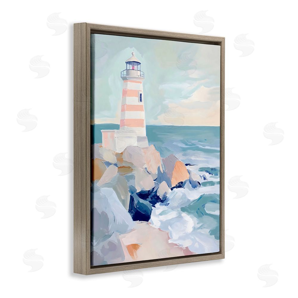 Creative Studio Coastal Lighthouse in Pastels Brown Floating Frame Canvas Wall Art Print