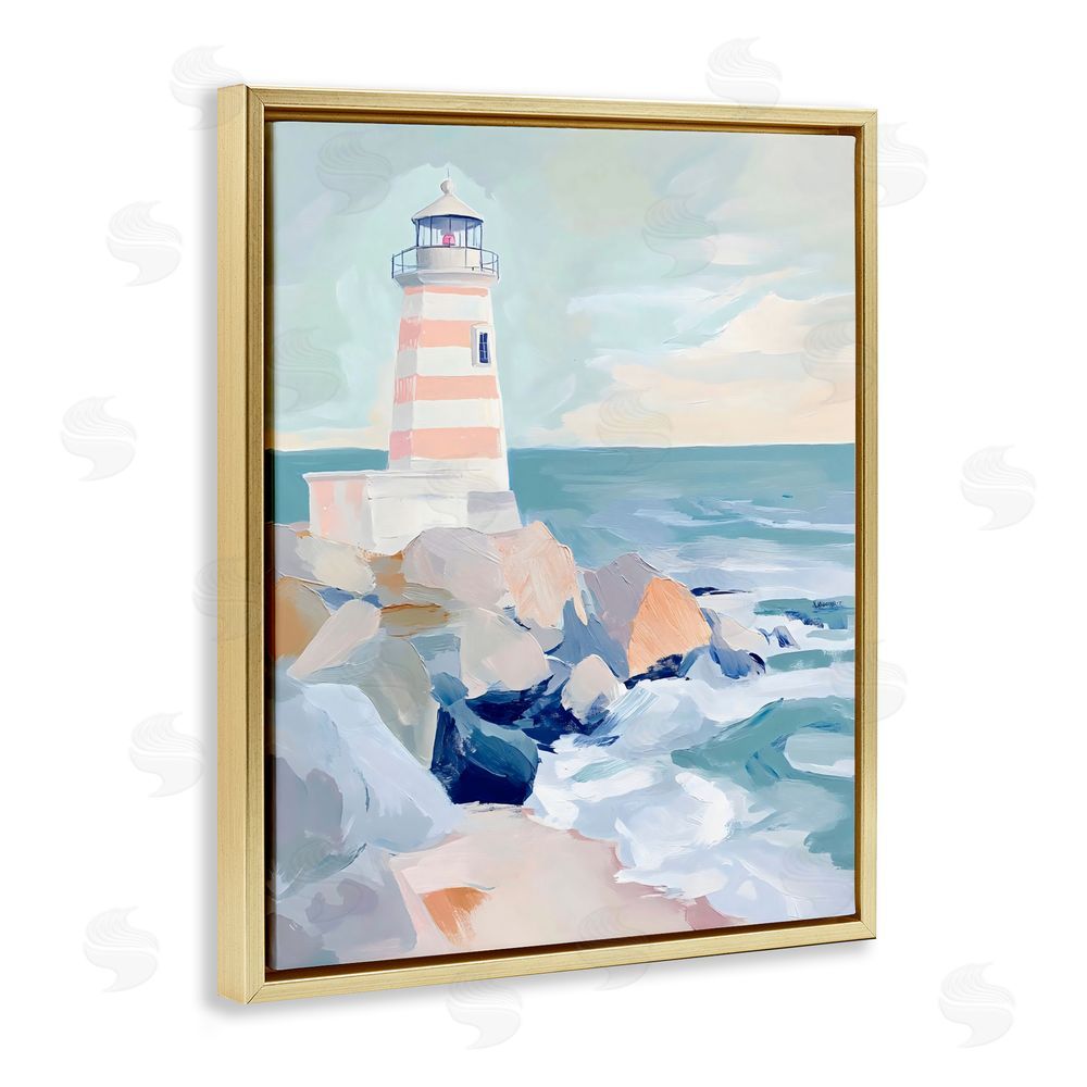 Creative Studio Coastal Lighthouse in Pastels Gold Floating Frame Canvas Wall Art Print