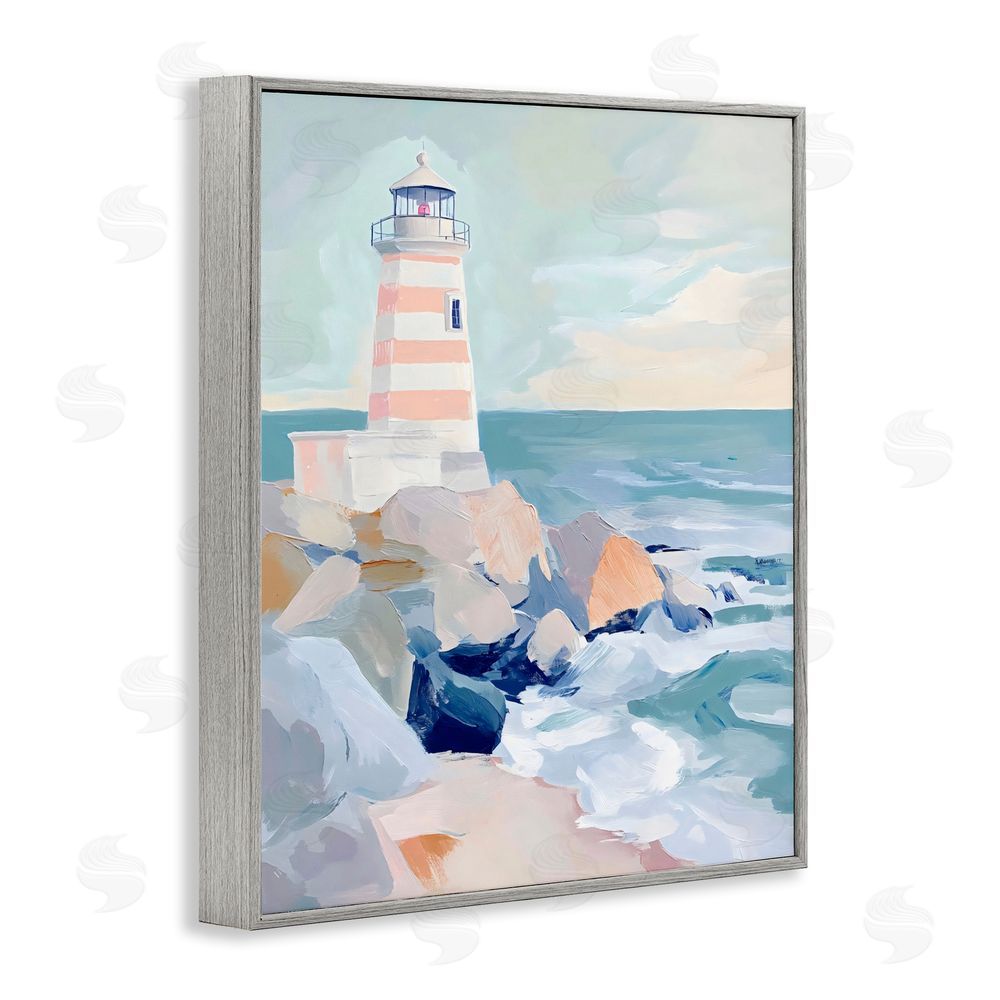 Creative Studio Coastal Lighthouse in Pastels Gray Framed Giclee Wall Art Print