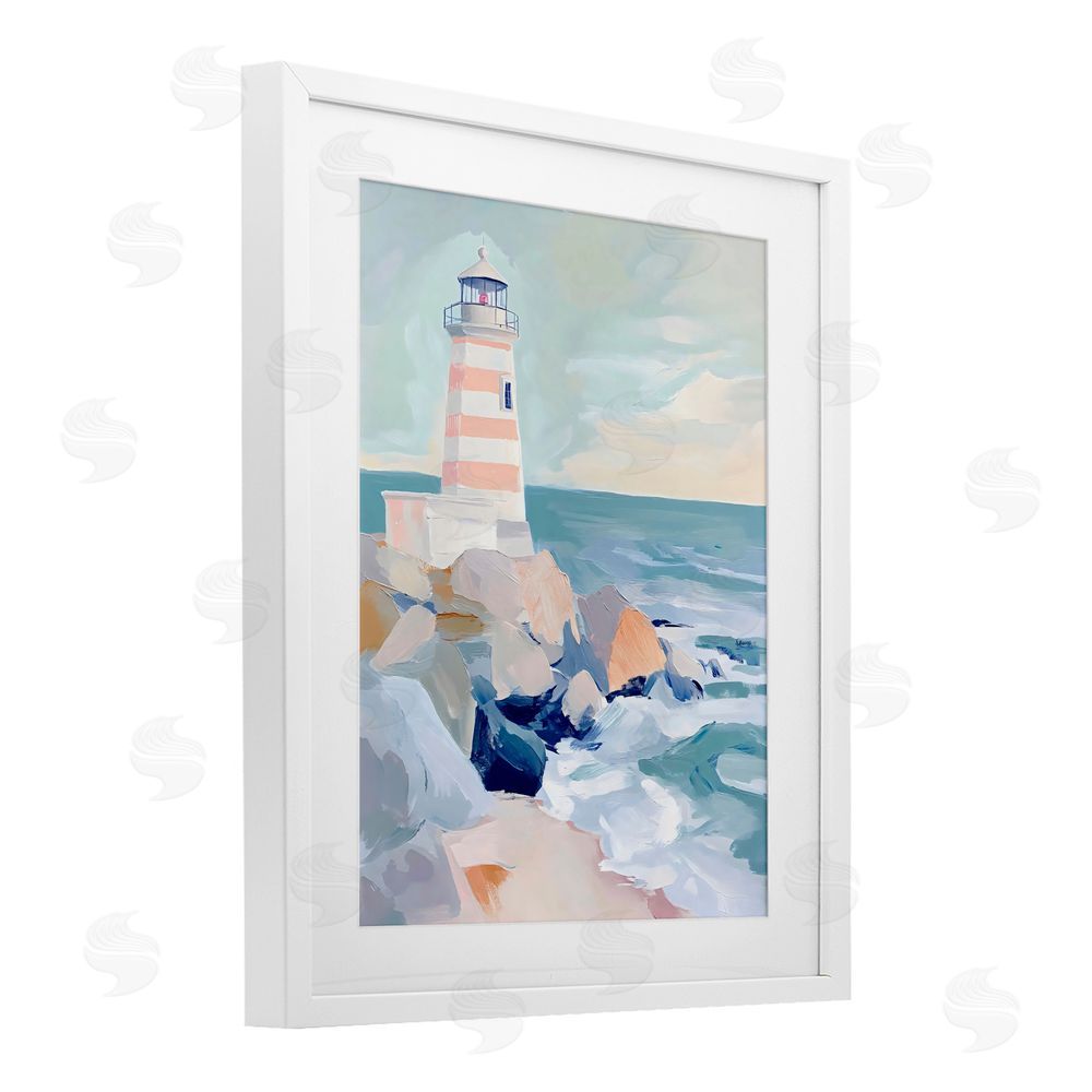 Creative Studio Coastal Lighthouse in Pastels White Framed Print Under Glass Wall Art