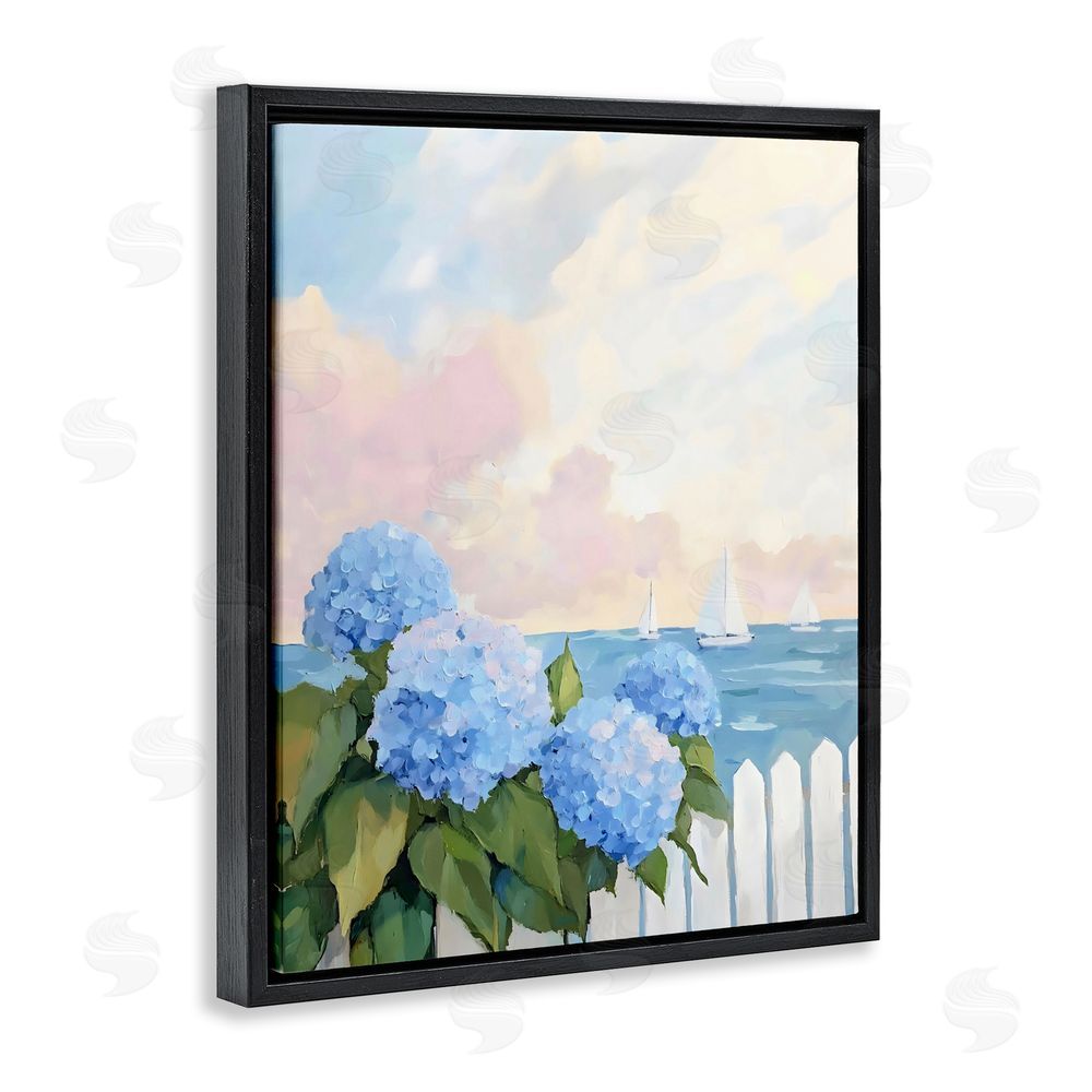 Creative Studio Hydrangeas By The Sea Black Floating Framed Canvas Wall Art