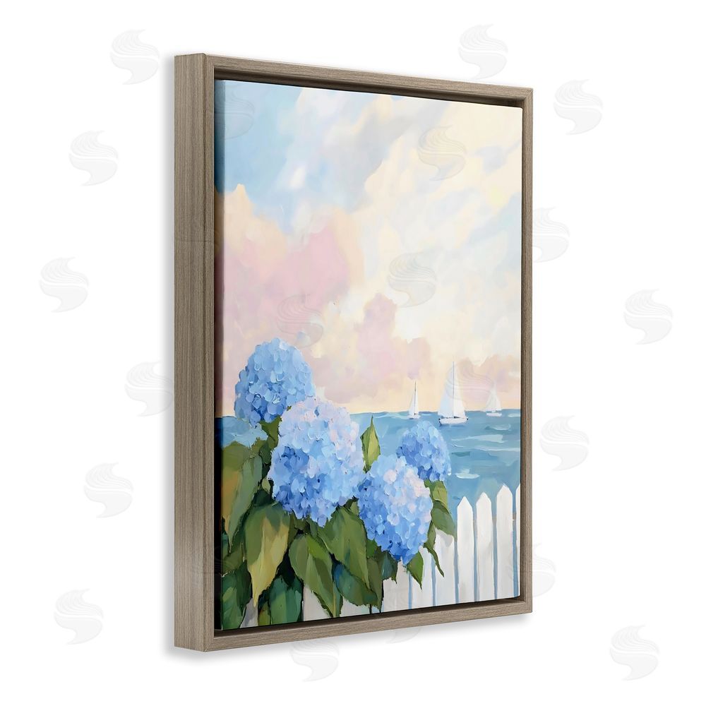 Creative Studio Hydrangeas By The Sea Brown Floating Framed Canvas Wall Art