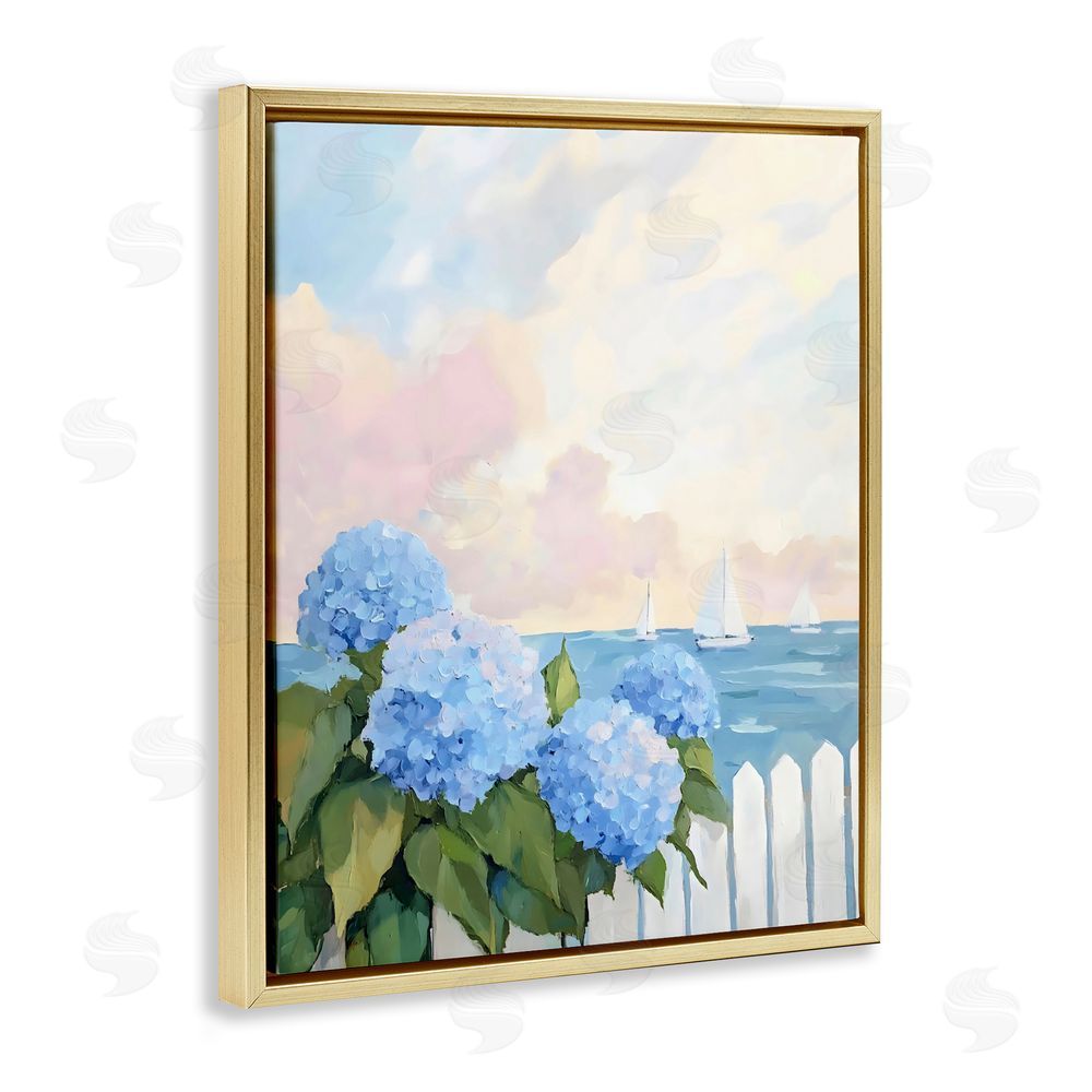 Creative Studio Hydrangeas By The Sea Gold Floating Framed Canvas Wall Art