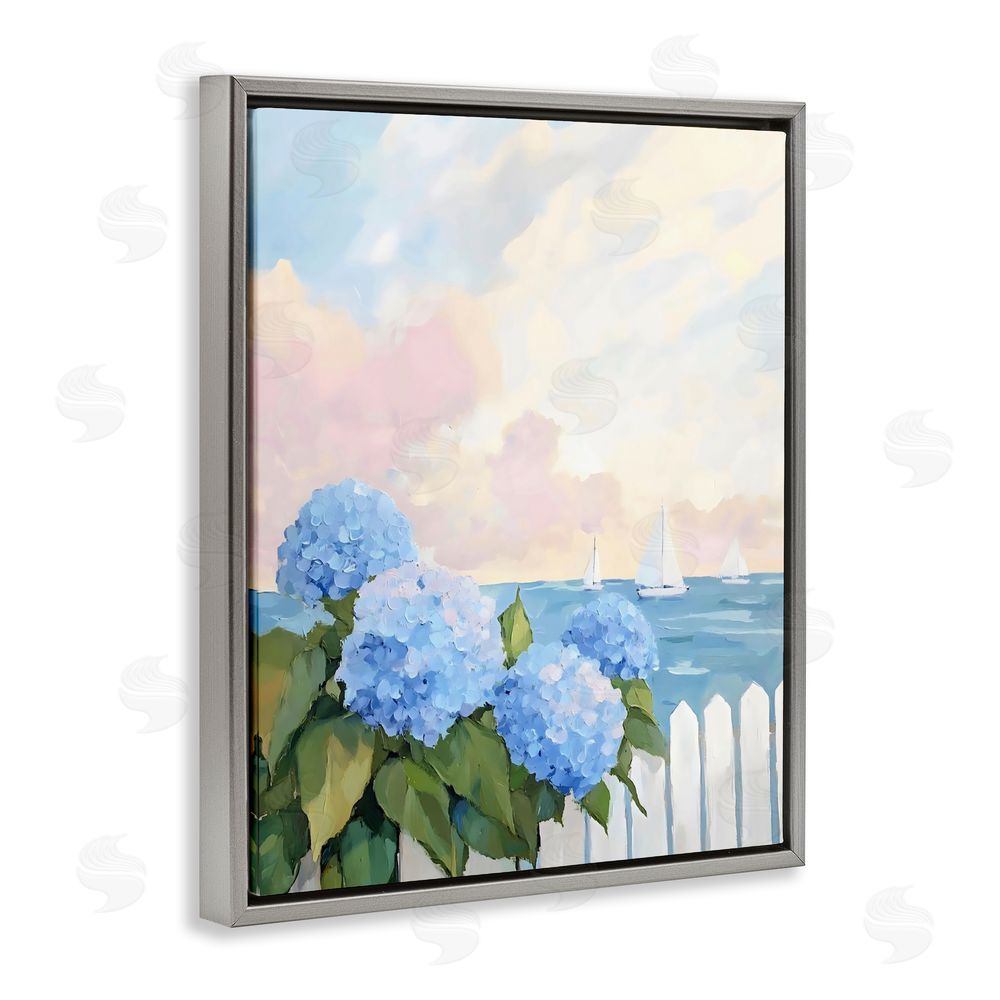 Creative Studio Hydrangeas By The Sea Gray Floating Framed Canvas Wall Art