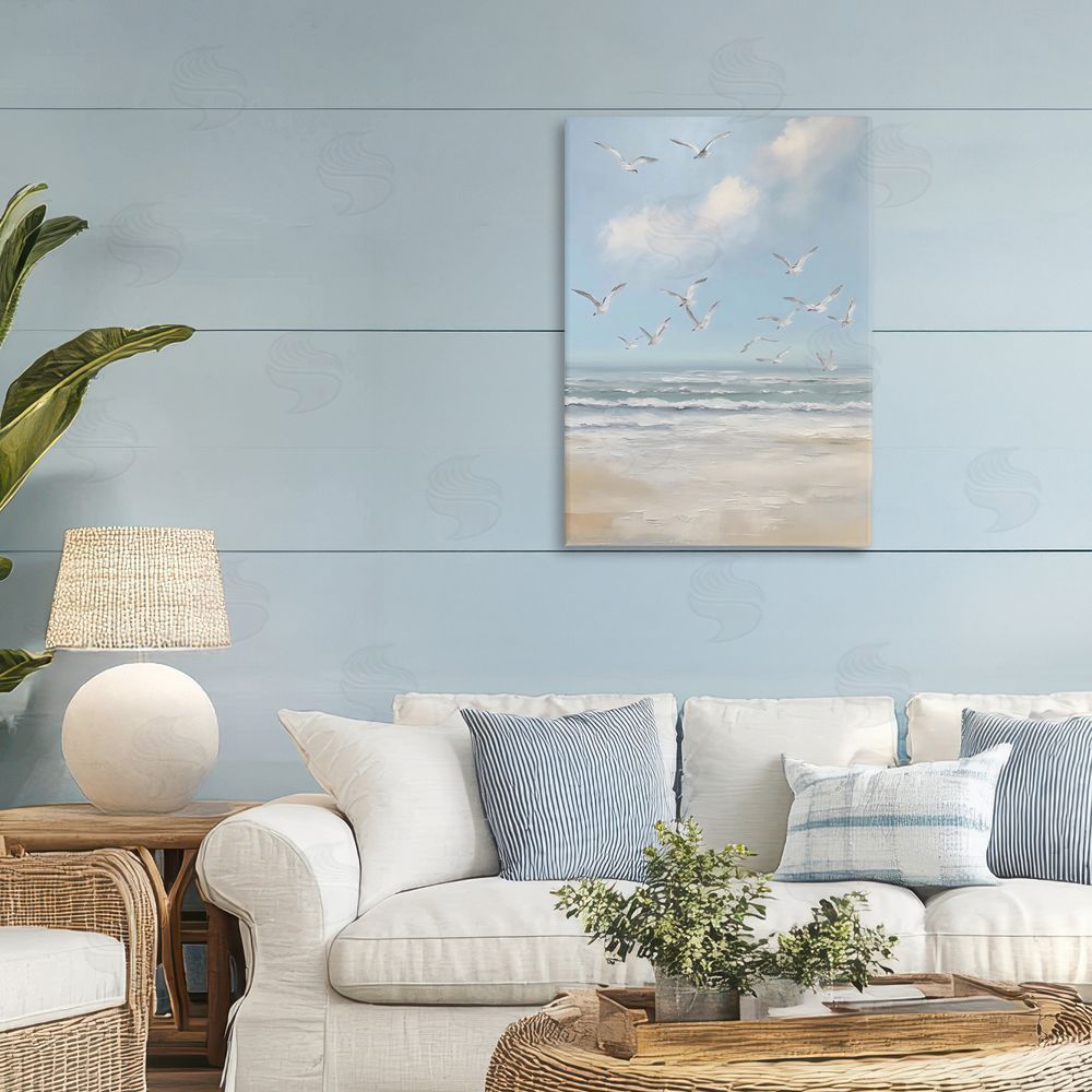 Creative Studio Ocean Flight Seagulls Stretched Canvas Wall Art in Room
