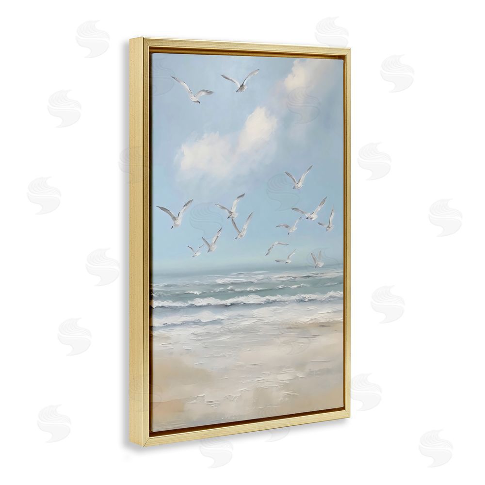 Creative Studio Ocean Flight Seagulls Gold Floating Framed Canvas Wall Art