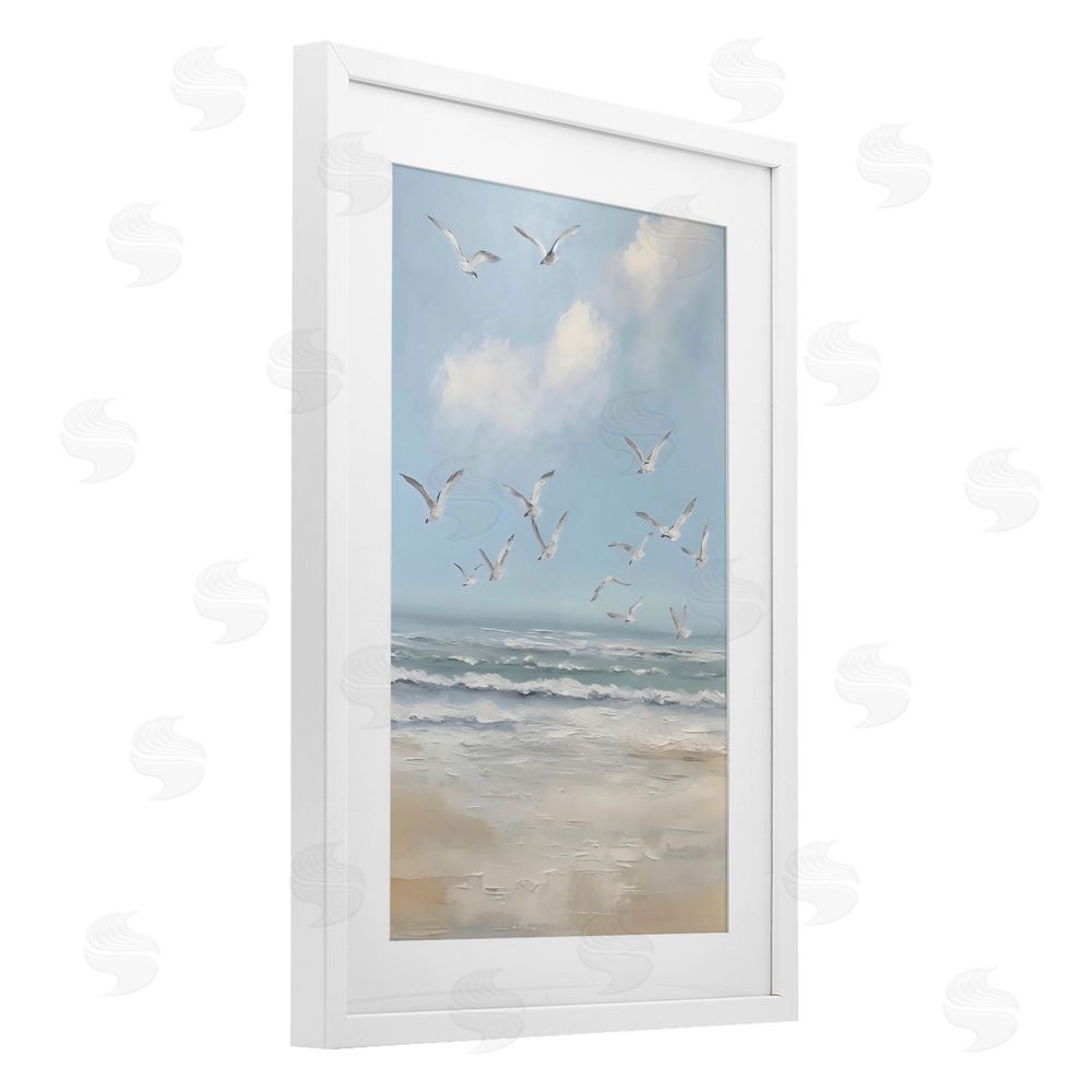 Creative Studio Ocean Flight Seagulls White Framed Print Under Glass Wall Art