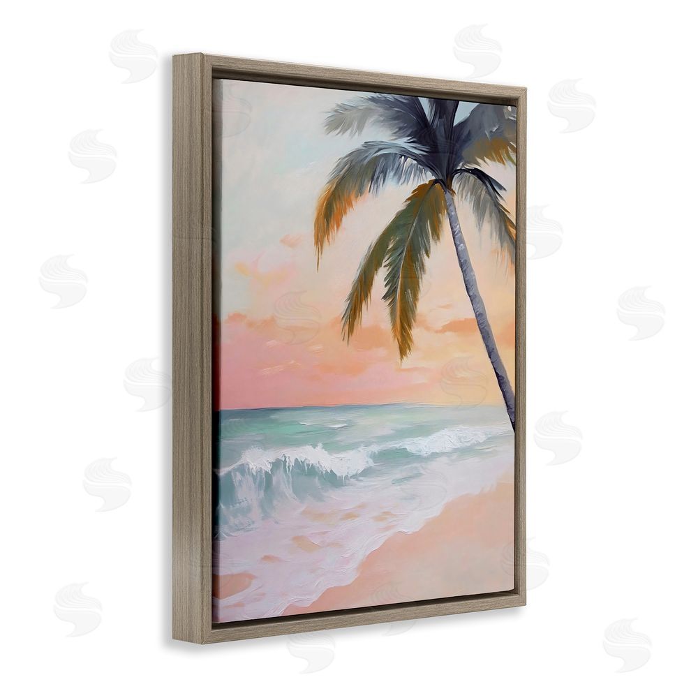 Creative Studio Tranquil Sunset & Beach Palm Brown Floating Framed Canvas Wall Art Print