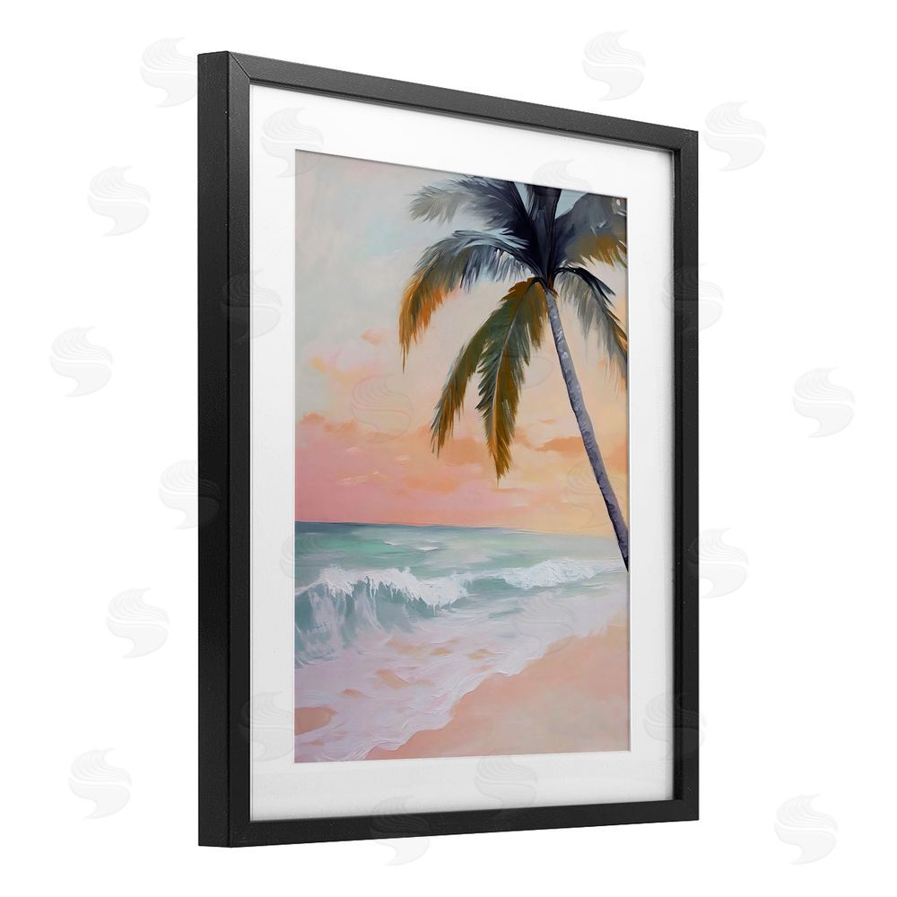 Creative Studio Tranquil Sunset & Beach Palm Black Framed Print Under Glass with White Mat Wall Art