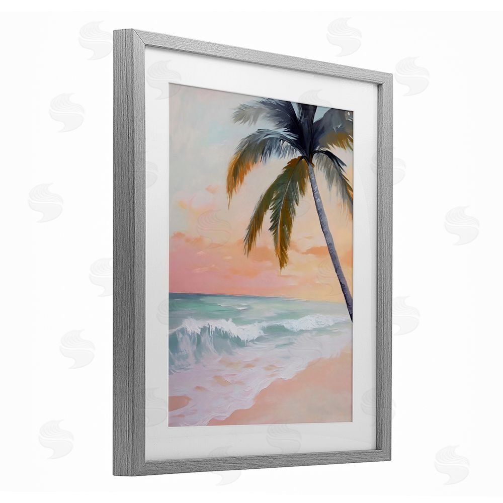 Creative Studio Tranquil Sunset & Beach Palm Gray Framed Print Under Glass with White Mat Wall Art