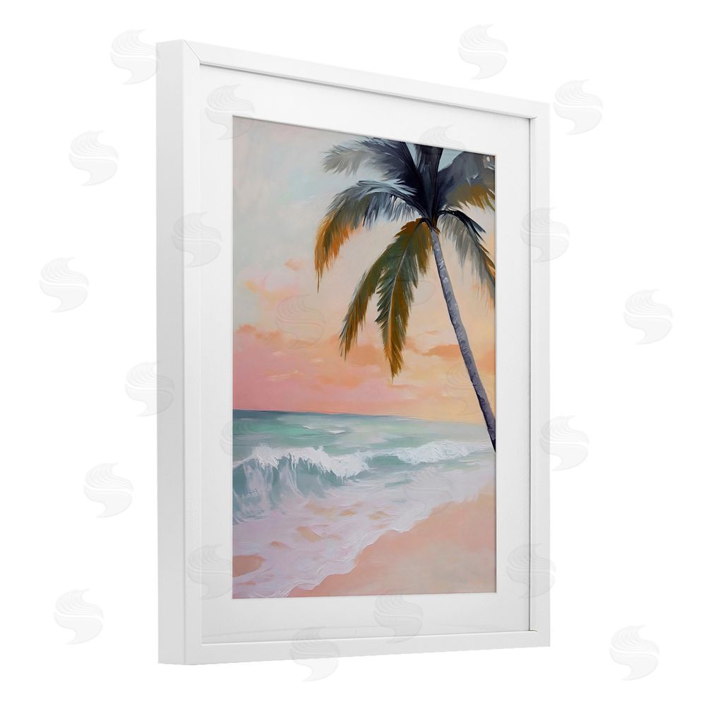 Creative Studio Tranquil Sunset & Beach Palm White Framed Print Under Glass with White Mat Wall Art