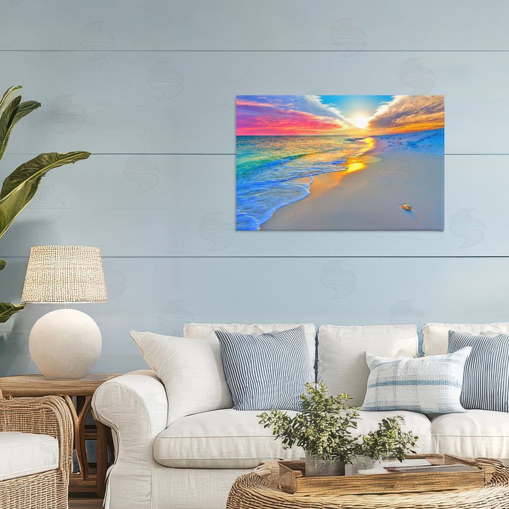 Eszra Tanner Prismatic Rainbow Sunset Beach Stretched Canvas Wall Art in Room