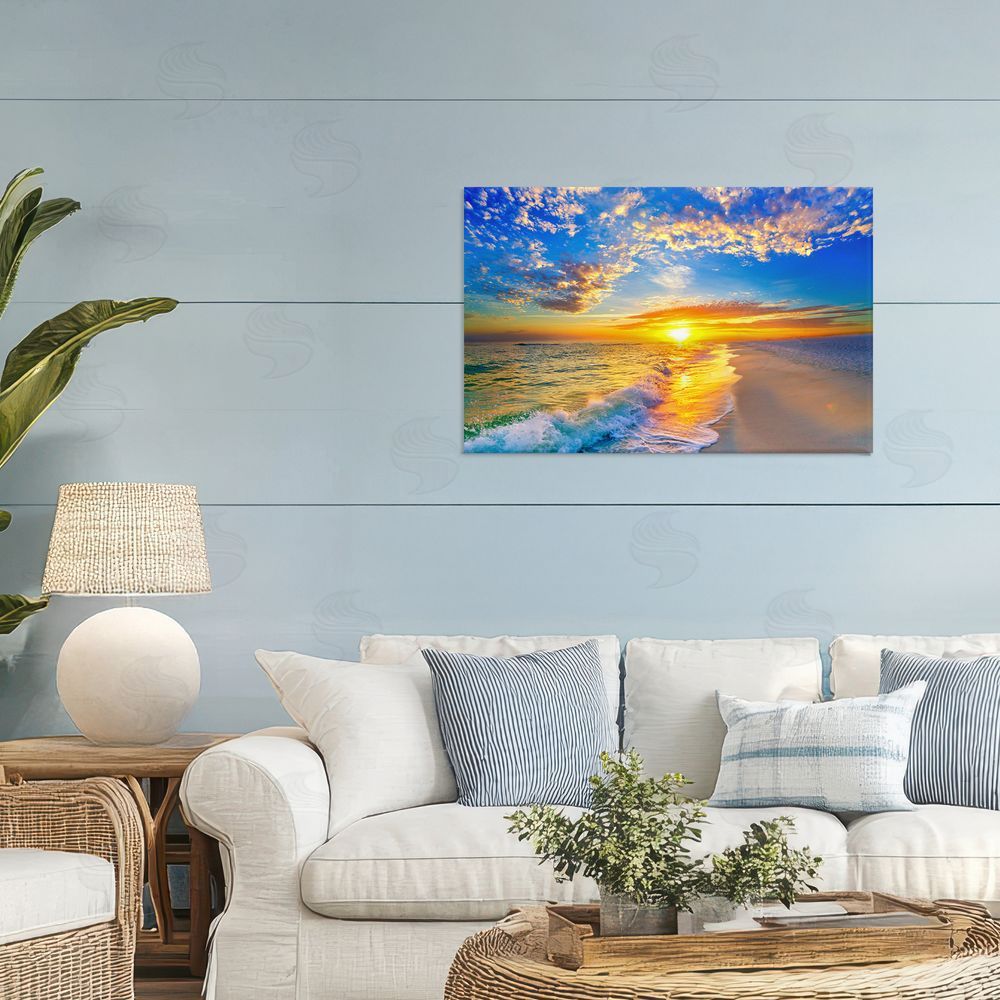 Eszra Tanner Golden Sunset Beach Blue Sky Stretched Canvas Wall Art in Room