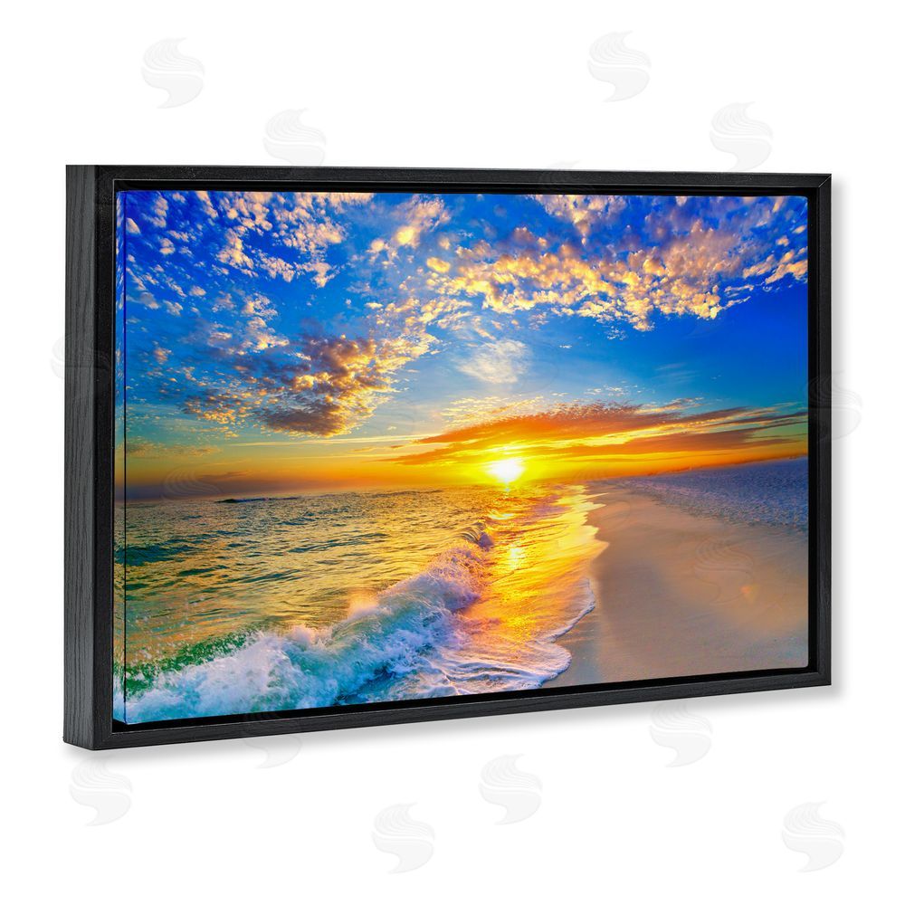 Eszra Tanner Golden Sunset Beach Blue Sky Black Floating Framed Canvas Wall Art