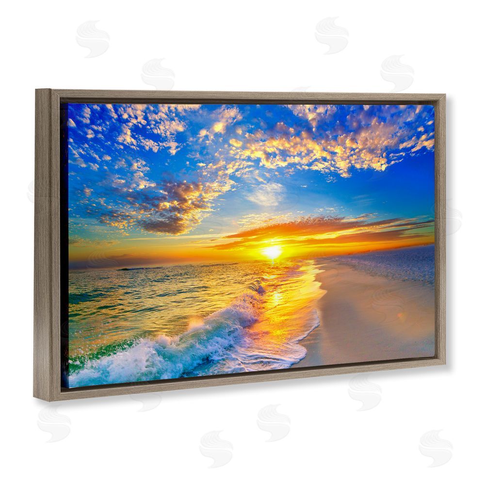 Eszra Tanner Golden Sunset Beach Blue Sky Brown Floating Framed Canvas Wall Art