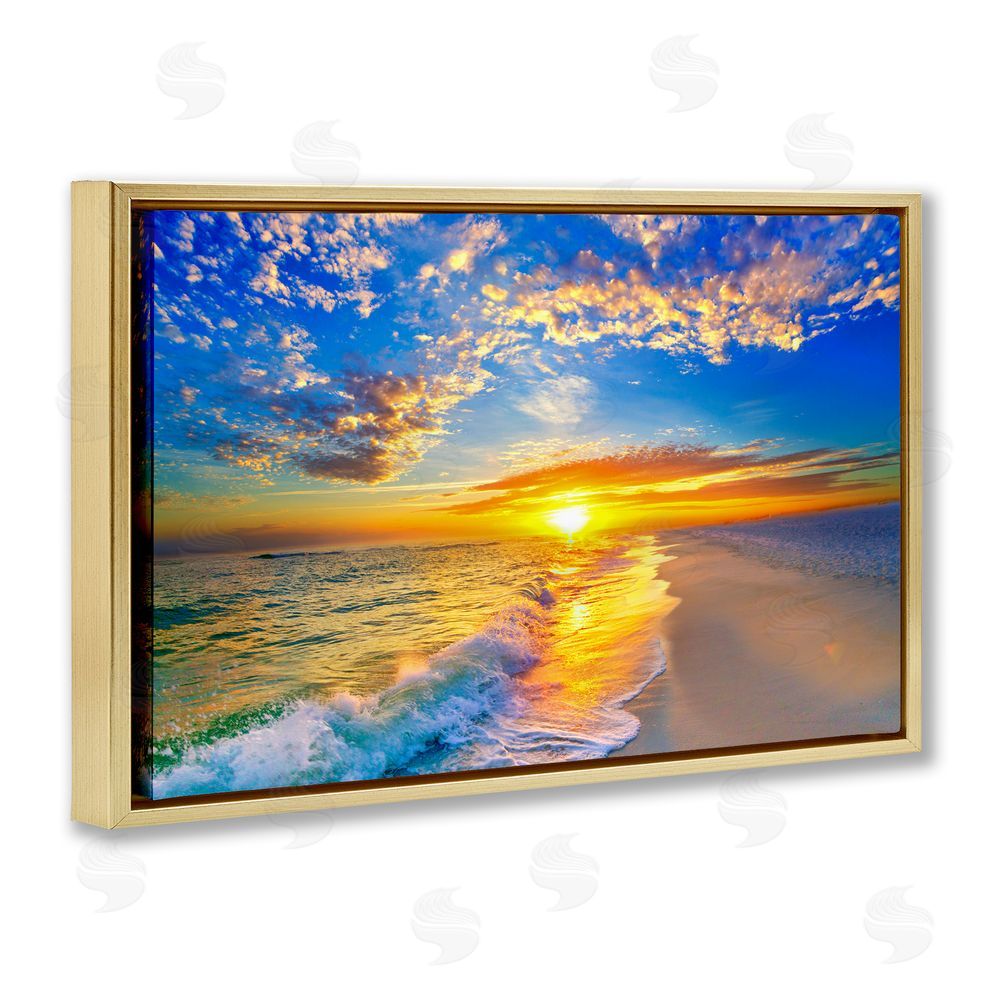 Eszra Tanner Golden Sunset Beach Blue Sky Gold Floating Framed Canvas Wall Art