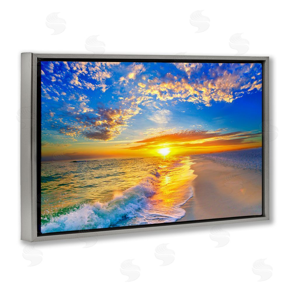 Eszra Tanner Golden Sunset Beach Blue Sky Gray Floating Framed Canvas Wall Art