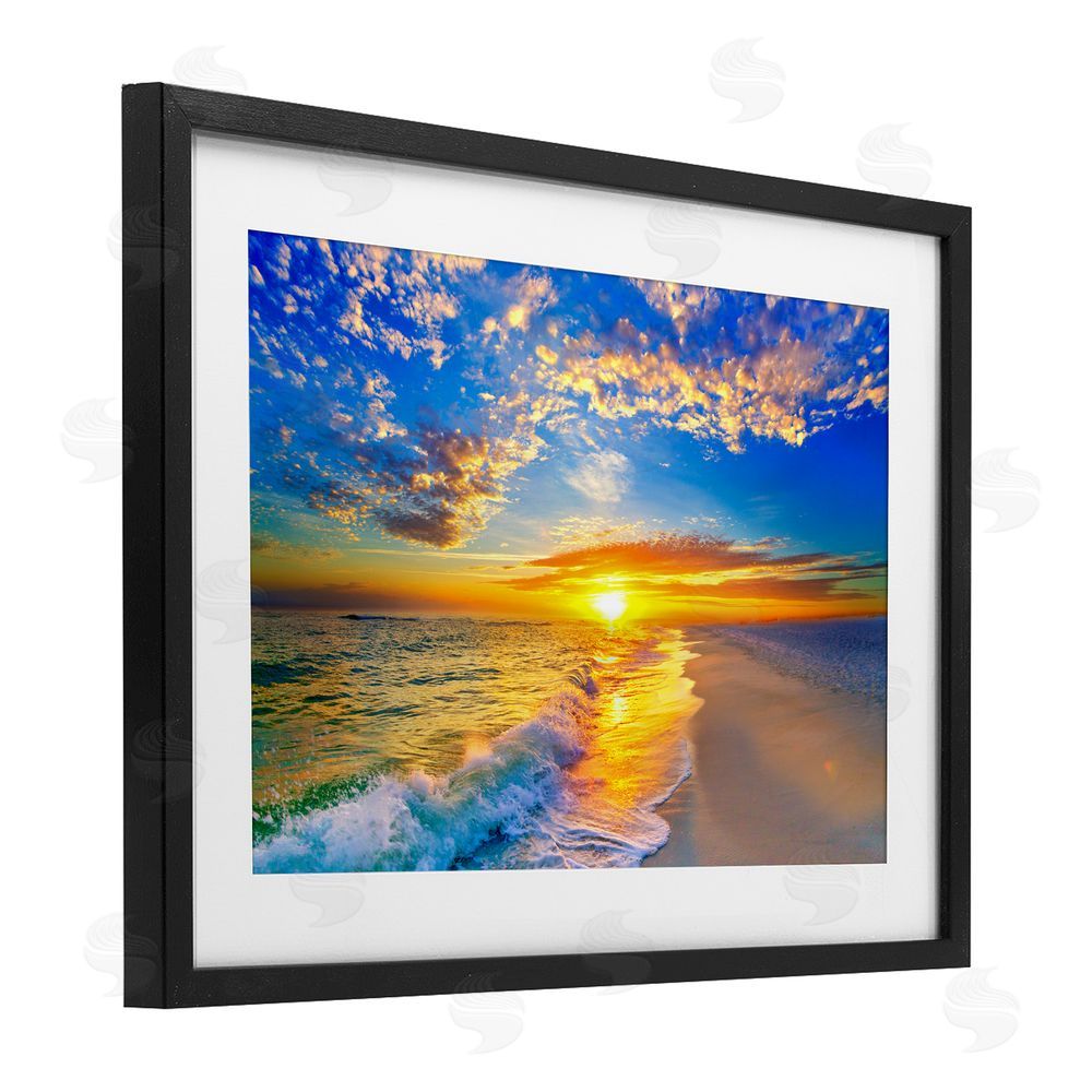 Eszra Tanner Golden Sunset Beach Blue Sky Black Framed Print Under Glass Wall Art