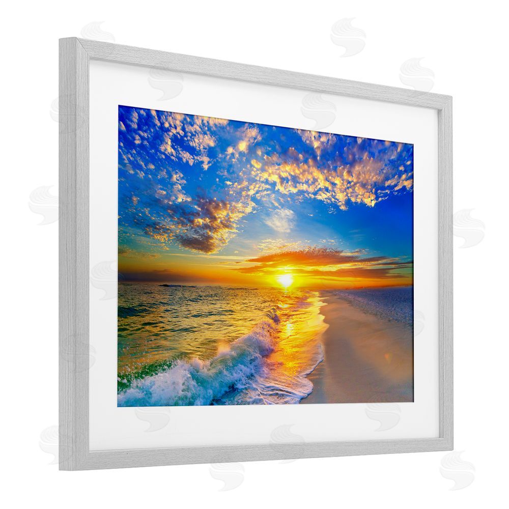 Eszra Tanner Golden Sunset Beach Blue Sky Gray Framed Print Under Glass Wall Art