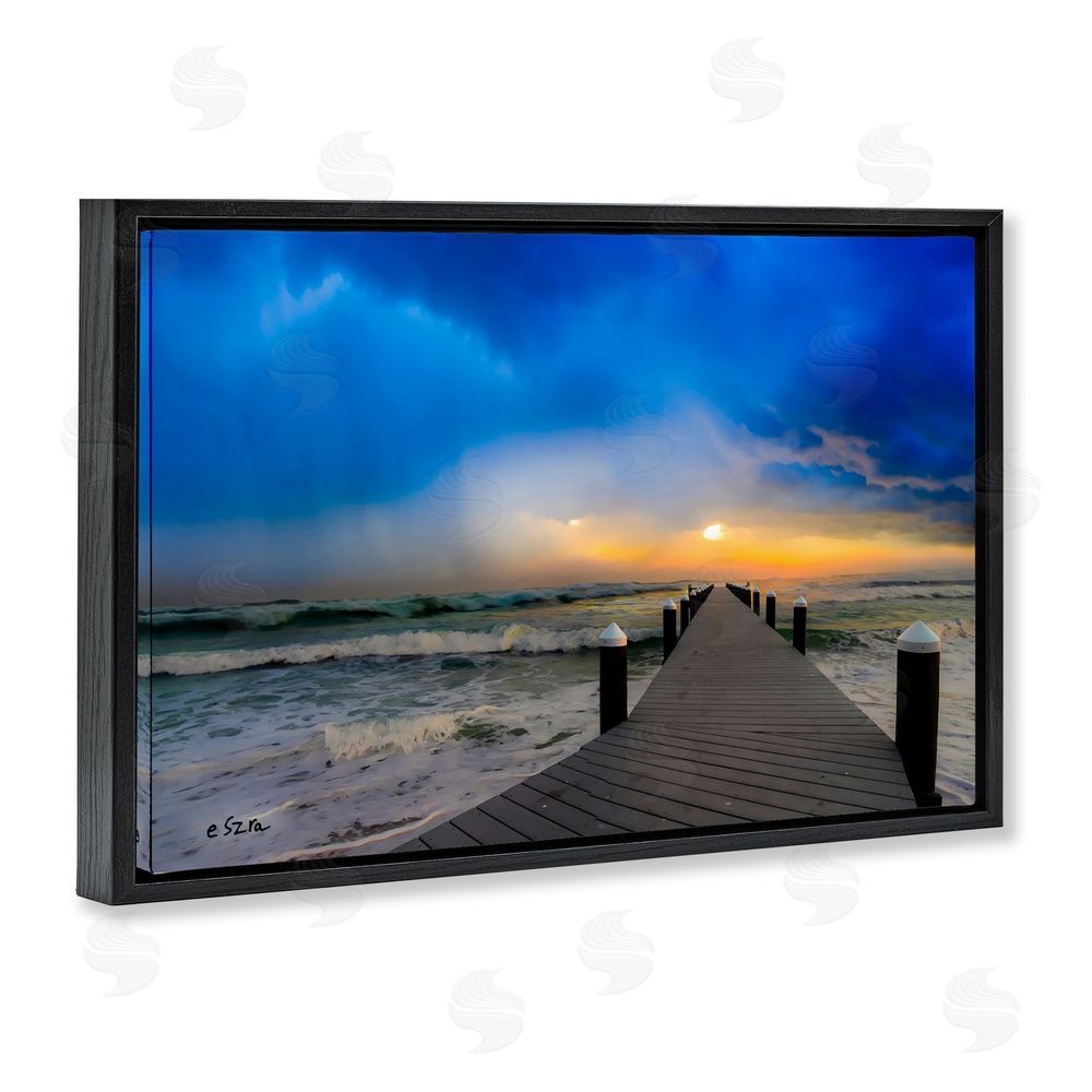 Eszra Tanner Sun Breaking Over Sea Pier Black Floating Framed Canvas Wall Art Print