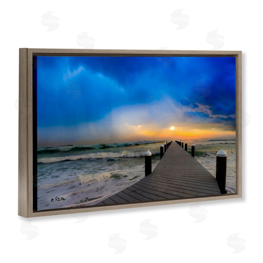 Eszra Tanner Sun Breaking Over Sea Pier Brown Floating Framed Canvas Wall Art Print