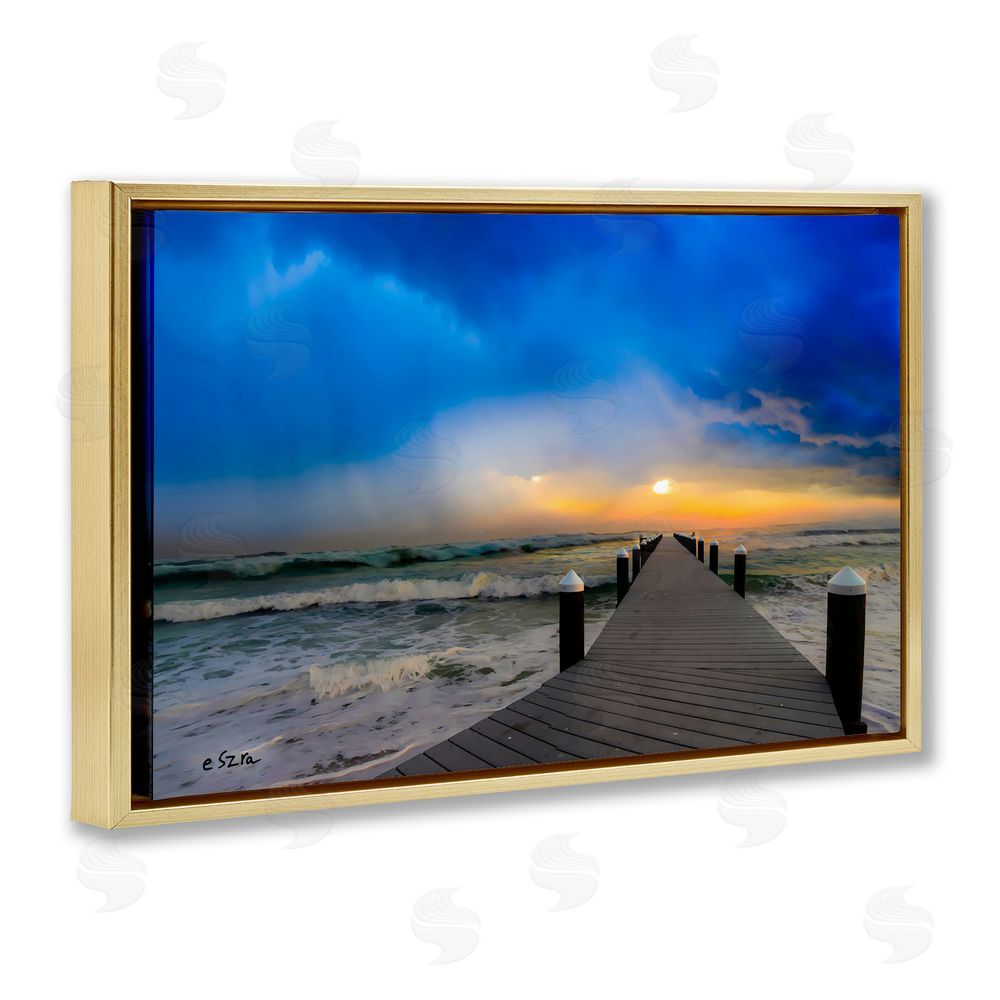 Eszra Tanner Sun Breaking Over Sea Pier Gold Floating Framed Canvas Wall Art Print
