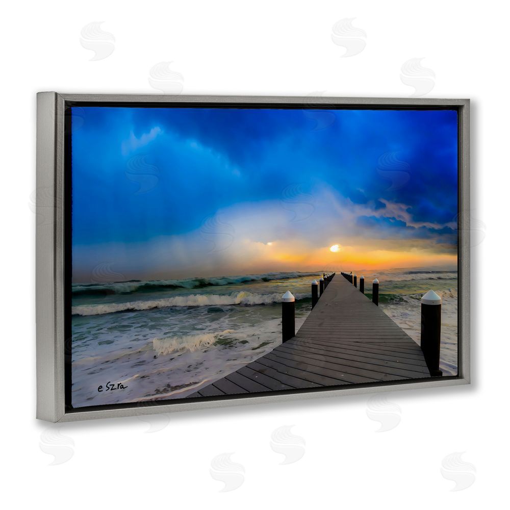 Eszra Tanner Sun Breaking Over Sea Pier Gray Floating Framed Canvas Wall Art Print