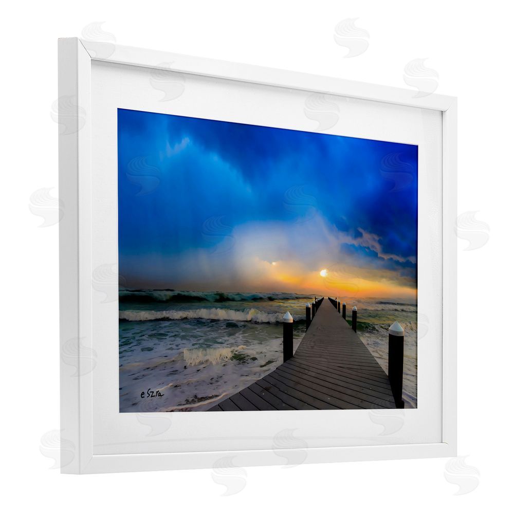Eszra Tanner Sun Breaking Over Sea Pier White Framed Print Under Glass with White Mat Wall Art