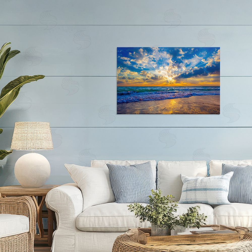 Eszra Tanner Golden Blue Sun Ray On Beach Stretched Canvas Wall Art in Room