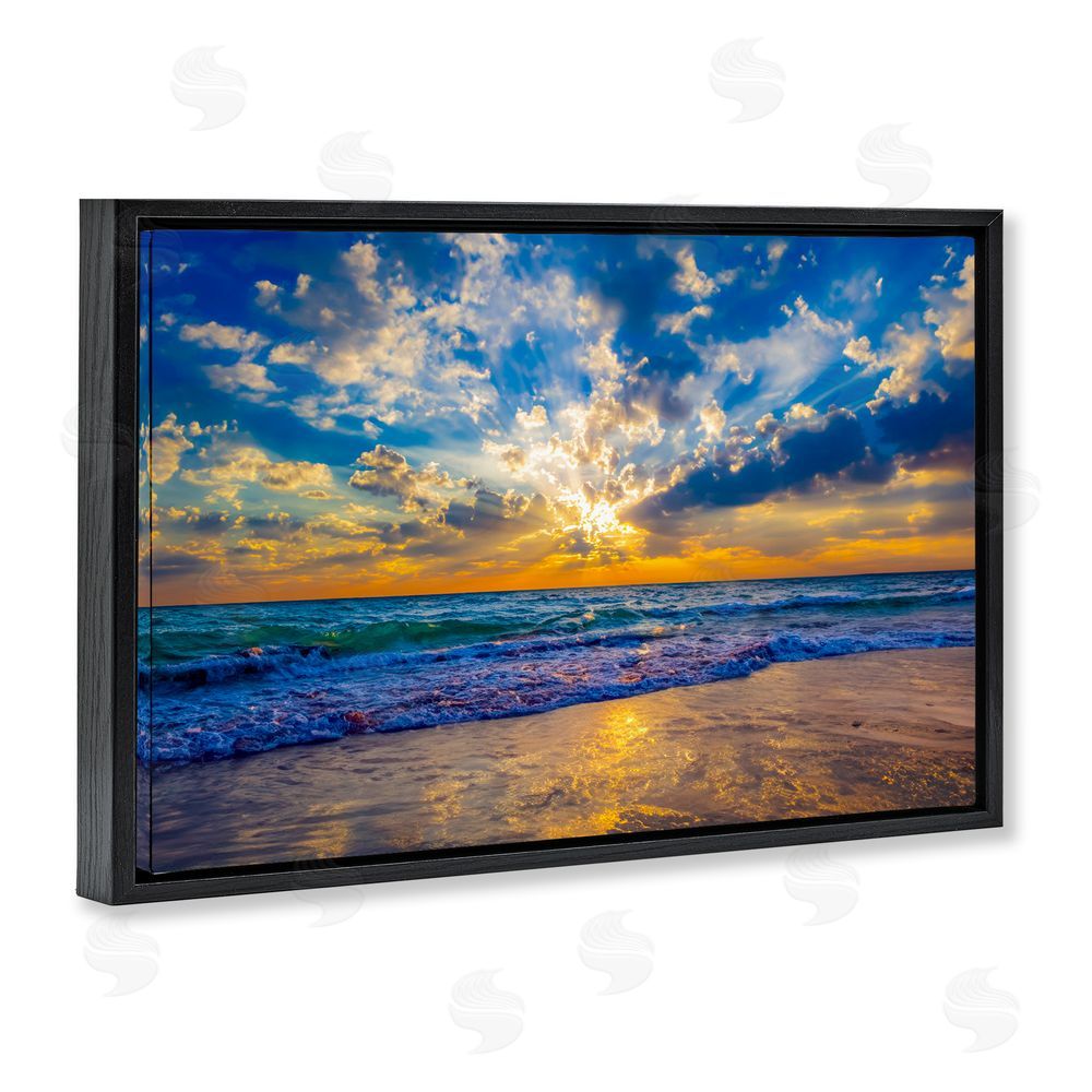 Eszra Tanner Golden Blue Sun Ray On Beach Black Floating Framed Canvas Wall Art