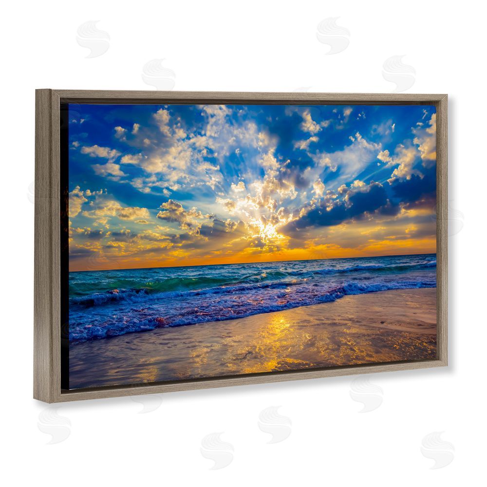 Eszra Tanner Golden Blue Sun Ray On Beach Brown Floating Framed Canvas Wall Art