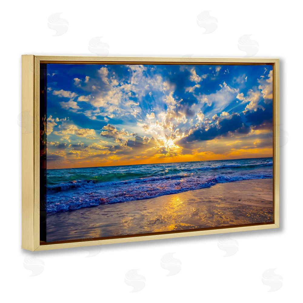 Eszra Tanner Golden Blue Sun Ray On Beach Gold Floating Framed Canvas Wall Art