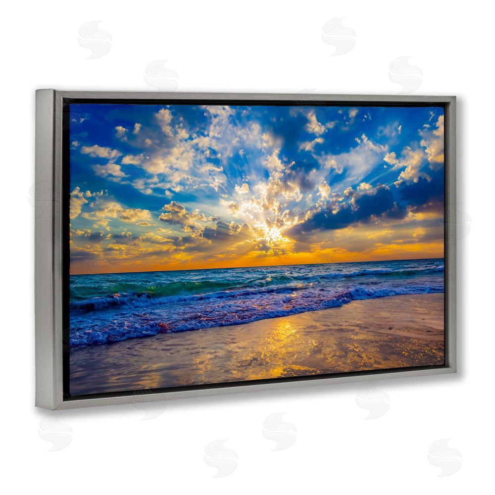 Eszra Tanner Golden Blue Sun Ray On Beach Gray Floating Framed Canvas Wall Art