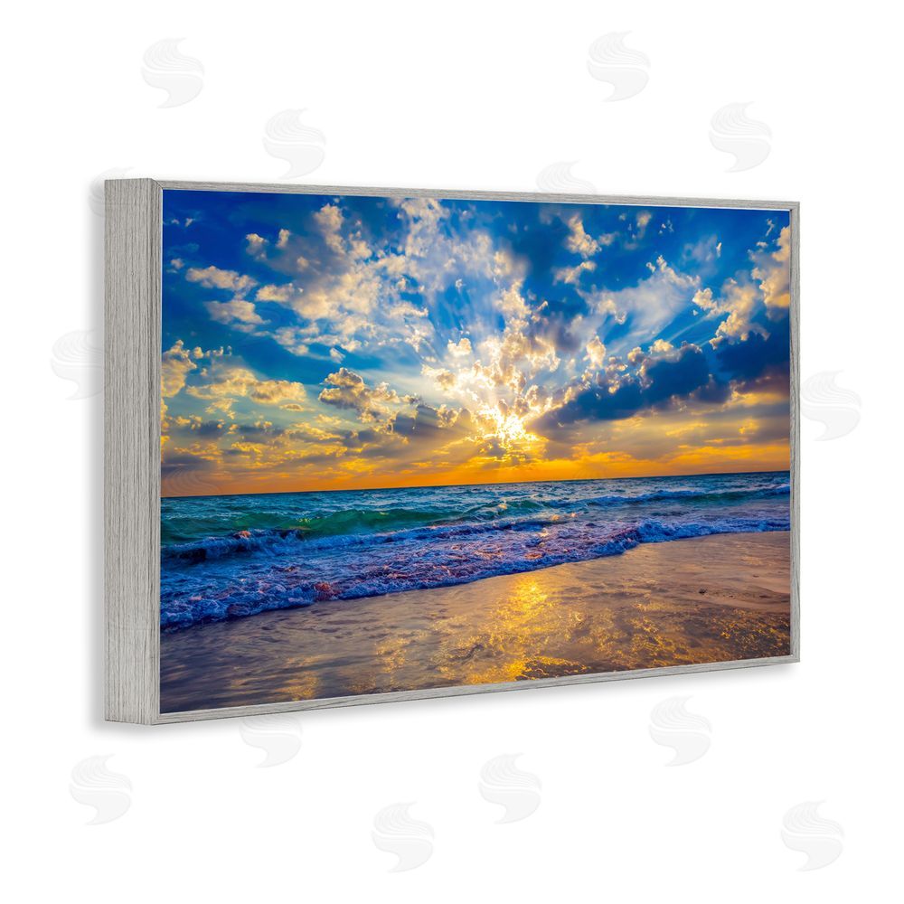 Eszra Tanner Golden Blue Sun Ray On Beach Gray Framed Giclee Wall Art