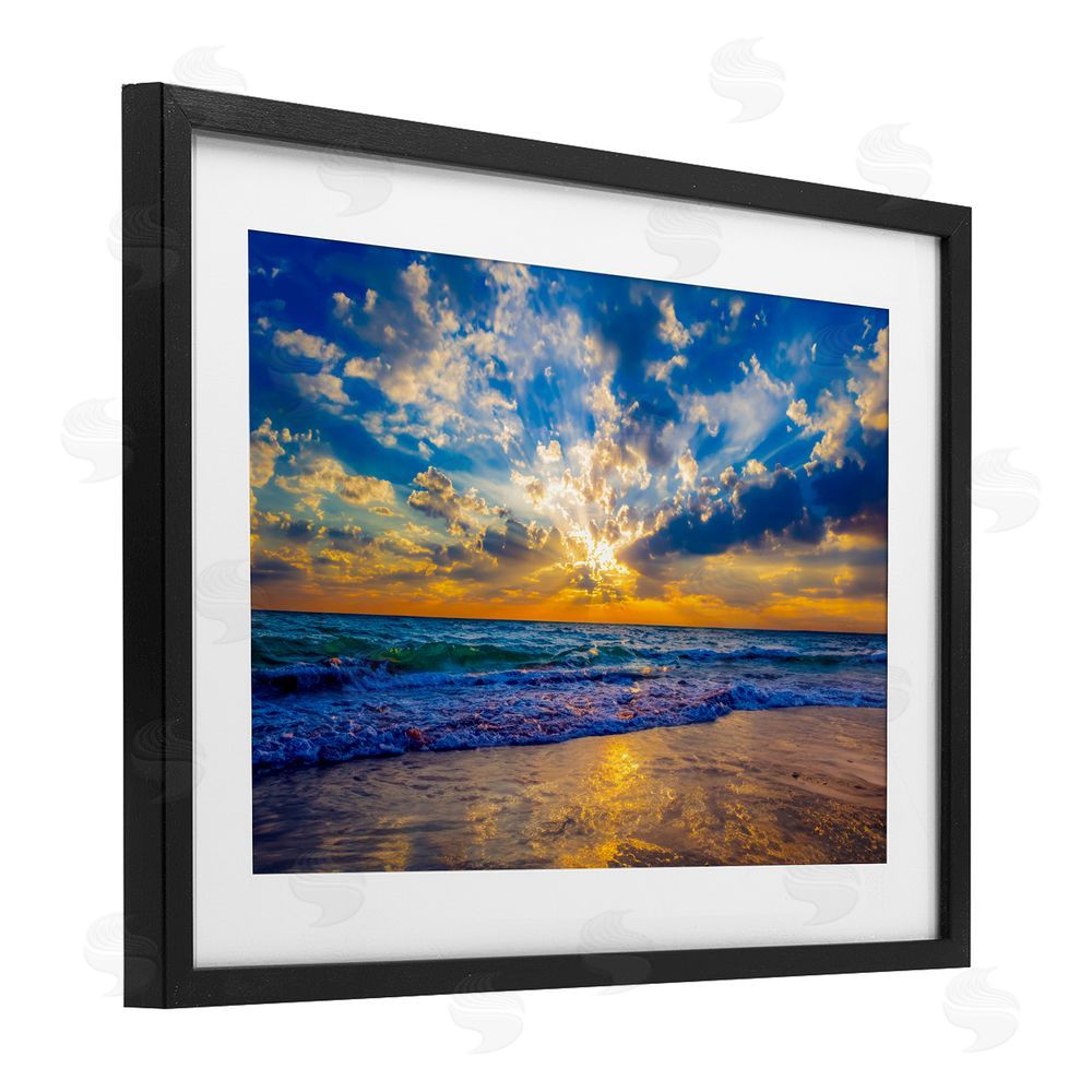 Eszra Tanner Golden Blue Sun Ray On Beach Black Framed Print Under Glass Wall Art